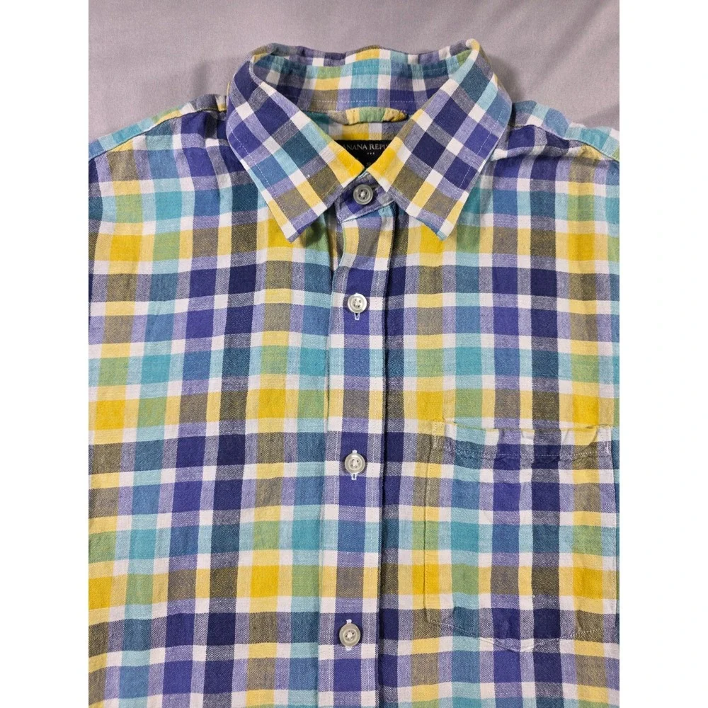 Banana Republic Linen Blend Short Sleeve Plaid Shirt Mens Small Yellow Blue
